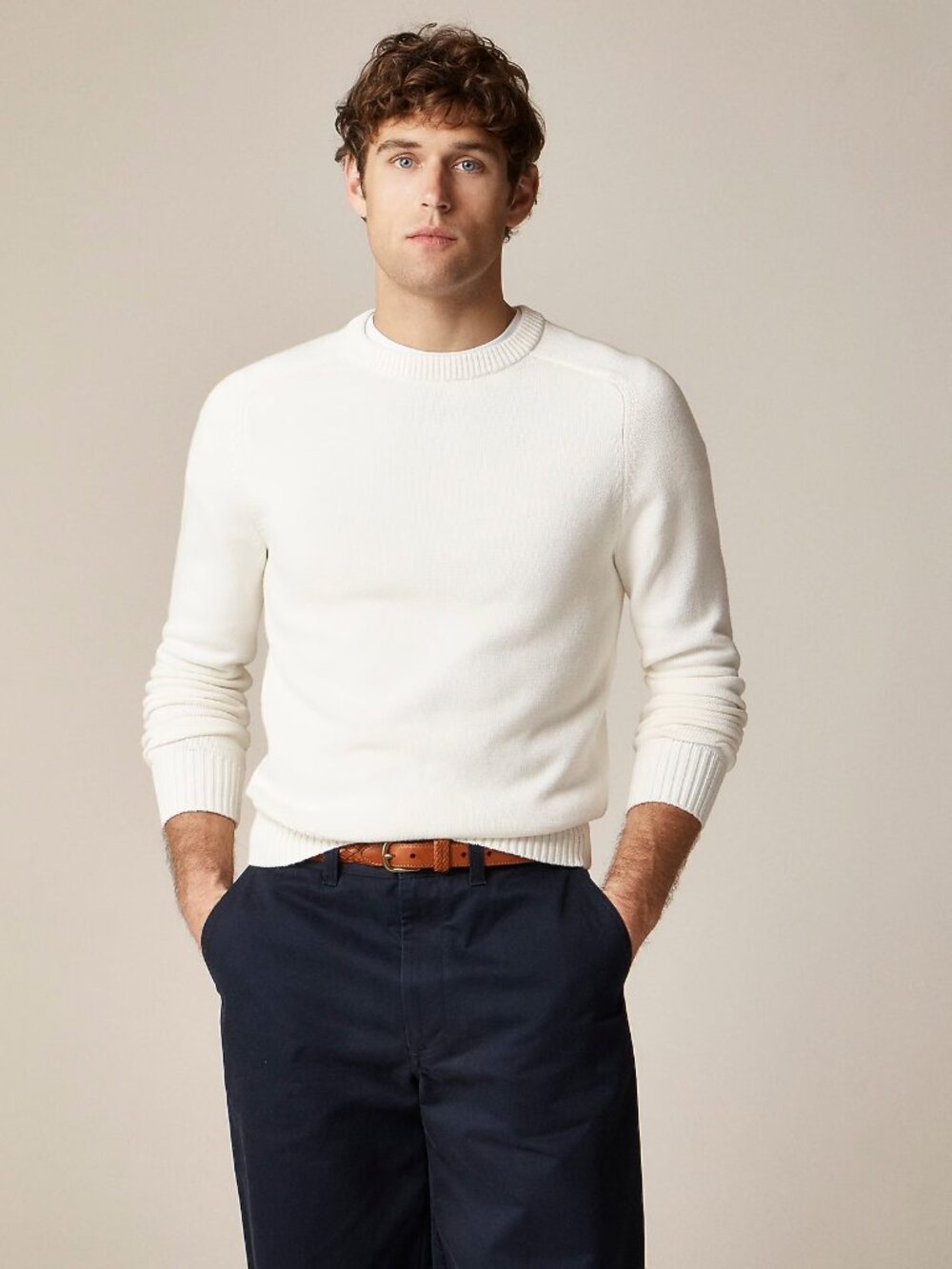 J Crew Mens Size M Heritage Thick Cotton Crewneck Classic Sweater Ivory Knit